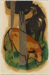 French : Cheval rouge et bœuf jaune