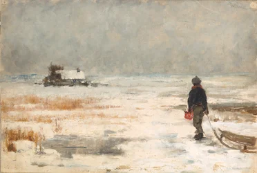 Garçon avec traîneau dans un paysage d