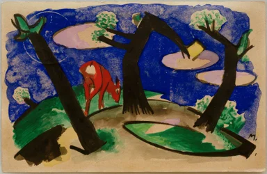 Paysage avec animal rouge