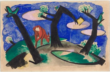 Paysage avec animal rouge, carte postale de Sindelsdorf à Alfred Kubin à Wernstein/Zwickledt