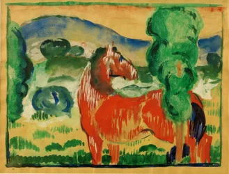Cheval rouge dans un paysage coloré