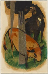 Cheval rouge et vache jaune (cheval brun-noir et vache jaune), carte postale de Sindelsdorf à Alfred Kubin à Wernstein/Zwickledt