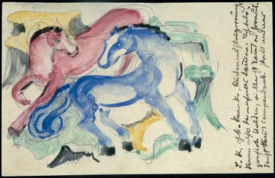 "Cheval rouge et bleu", Franz Marc de Sindelsdorf à Wassily Kandinsky à Munich: Carte postale, cachet postal 05.04.1913