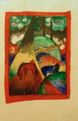 Cheval rouge et bleu dans le paysage