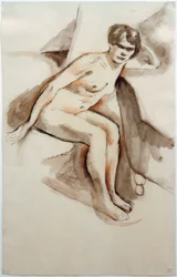 Nu assis avec le torse penché en avant