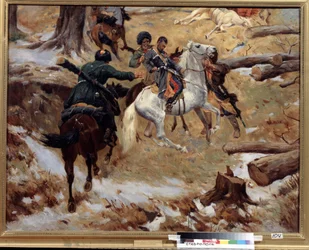 La mort du commandant général Nikolai Sleptsov (1815-1851) tué par des Tchétchènes dans un combat le 10 décembre 1851 pendant la guerre du Caucase (conquête du Caucase) en Tchétchénie