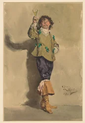 Homme en costume Louis XIII, debout, trois quarts à droite, levant un verre de vin