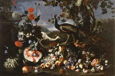 Un paon et une paonne avec des fruits et des fleurs dans un parc