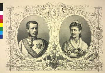 Double image de Franz Joseph I, prince héritier Rudolf et princesse Stéphanie