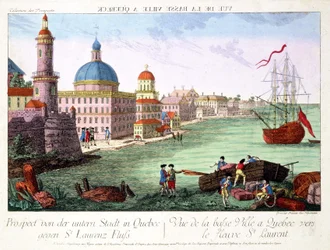 Vue de la Basse-Ville à Québec vers le fleuve Saint-Laurent. Gravure de Franz-Xavier Habermann