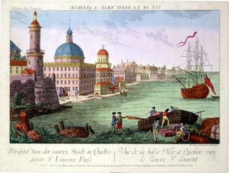 Vue de la Basse-Ville de Québec vers le fleuve Saint-Laurent. Gravure de Franz-Xavier Habermann