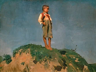 Jeune berger sur une colline herbeuse