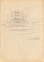 Esquisses de projet pour la villa atelier de Matsch - Vue du jardin avec fontaine