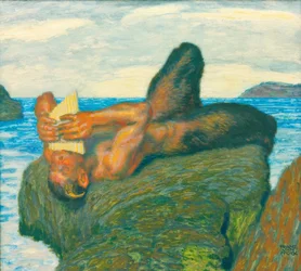Faune jouant de la syrinx au bord de la mer