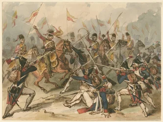 Infanterie française et hussards russes en combat à Austerlitz