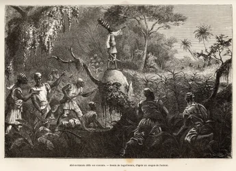 Abd es Samate, ami et lieutenant de Mounza, roi des Mombuttous, défiant ses ennemis les Zandes (ou niam niam) qui leur ont déclaré la guerre, gravure d