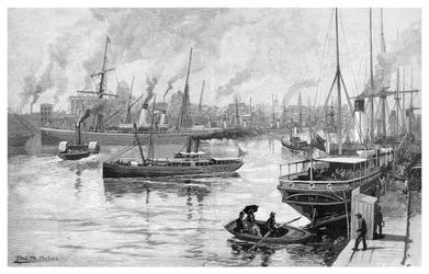 Melbourne depuis la Yarra, Victoria, Australie, 1886