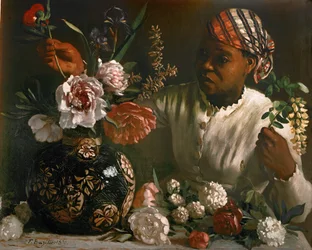 Femme noire avec pivoines ... (huile sur toile)