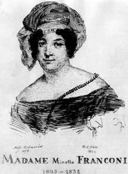 Cirque: Eau-forte par Frédéric Hillemacher, portrait de Mme Minette Franconi (1805-1832) - dans "Le Cirque Franconi".