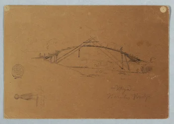 Dessin, pont de bambou à Buga, Colombie et fille portant une jarre, Cartago, Colombie, juillet 1853