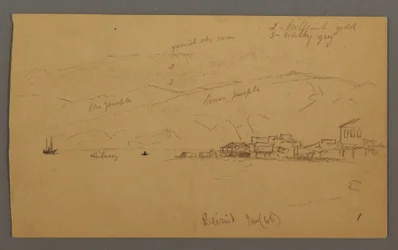 Dessin, baie avec des maisons, montagnes derrière, janvier 1868