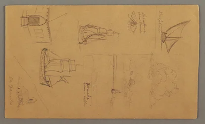 Dessin, études de bateaux, étude de nuages, deux bâtiments, peut-être 1868
