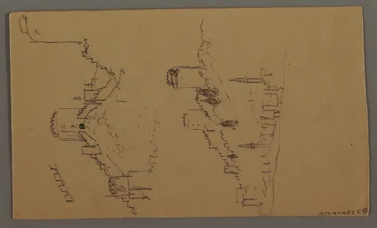 Dessin, études de bateaux, étude de nuages, deux bâtiments, peut-être 1868