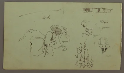 Dessin, rochers, maison, avril 1868