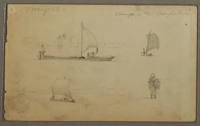 Dessin, Bungoes : Croquis de voiliers et de travailleurs, le long du Rio Magdalena, Colombie, mai 1853