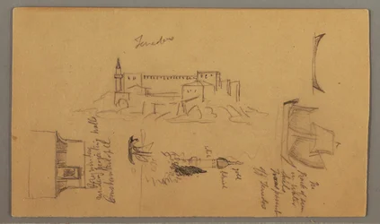 Dessin, château, minaret, voiliers, maison, mai 1868