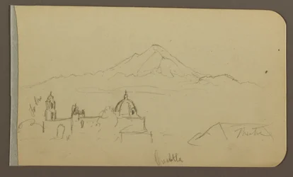 Dessin, cathédrale, montagne, Cuautla ; Verso : maison, église, arbre Cuautla, février 1885