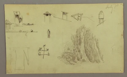 Dessin, cheminées, cascades, personnages, etc., juillet 1868 peut-être