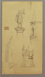 Dessin, église, bâtiment, pont couvert, peut-être 1868-69