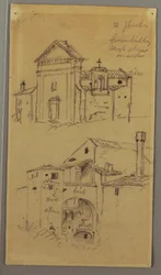 Dessin, église, bâtiment, pont couvert, peut-être 1868-69