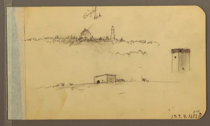 Dessin, église, tour, maison ; verso : chaîne de montagnes, 1889