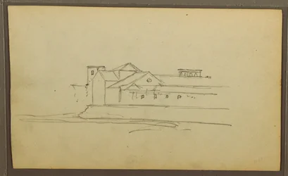 Dessin, église, tours ; Verso : figures en canoë, croquis botaniques, 1857