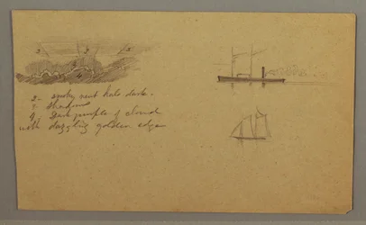 Dessin, étude de nuages, bateau à vapeur, voilier, peut-être 1865-66