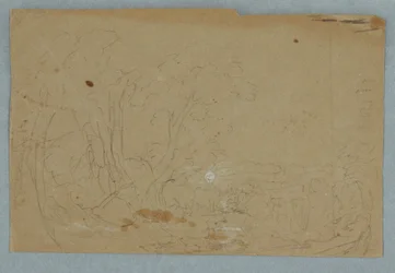 Dessin, ciel nuageux sur un paysage de collines ; Verso : pleine lune se reflétant dans un ruisseau, 1845-50