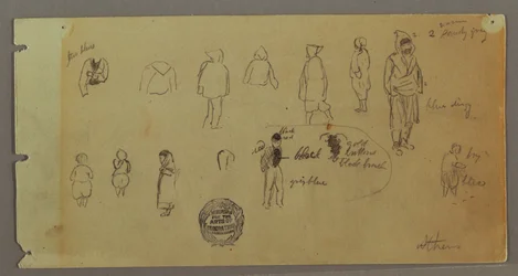 Dessin, croquis de costumes et de figures, peut-être 1869