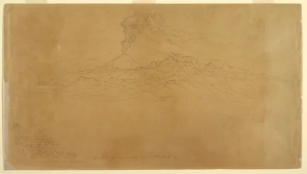 Dessin, volcan Cotapaxi en éruption derrière des chaînes de montagnes, Équateur, 1857