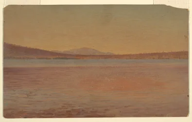 Dessin, vue lointaine des monts Katahdin et du voyageur depuis le lac Millinocket, 1870-80