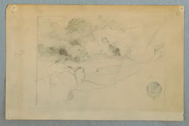 Dessin, vue lointaine du volcan Sangay en éruption, Équateur, 1857-62