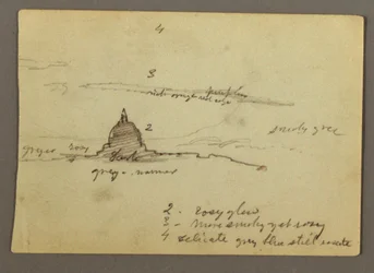 Dessin, vue lointaine du dôme de la basilique Saint-Pierre, Rome, Italie, janvier 1869