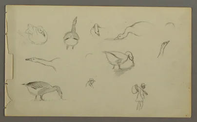 Dessin, huit études de canards, deux stuides de figures, peut-être 1857-58
