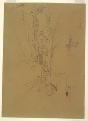 Dessin, El Khasneh depuis le Sik, Petra, fin février 1868