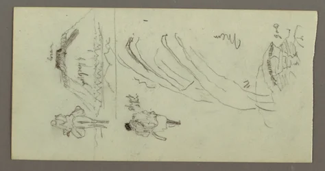 Dessin, personnage montant un chameau, personnage marchant, Hilside et Hilltop, peut-être 1868