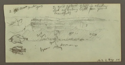 Dessin, personnage montant un chameau, personnage marchant, Hilside et Hilltop, peut-être 1868