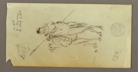 Dessin, personnage chevauchant un chameau, portant une lance, deux études de personnages, peut-être 1868