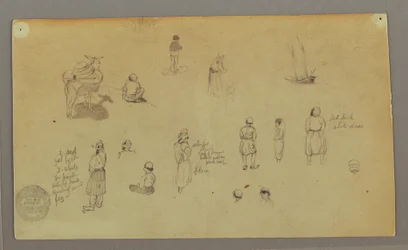 Dessin, études de figures, âne de bât, bateau à voile, peut-être 1868