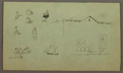 Dessin, études de figures, bateau à voile, études architecturales, peut-être 1868
